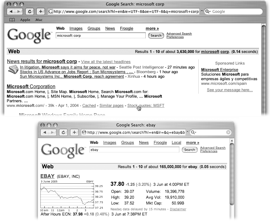 Top: The stock-quote trick works for companies but not mutual funds.Bottom: When searching for information about some public companies, your search results may come back with an up-to-date graphic of the firm’s most recent stock performance.