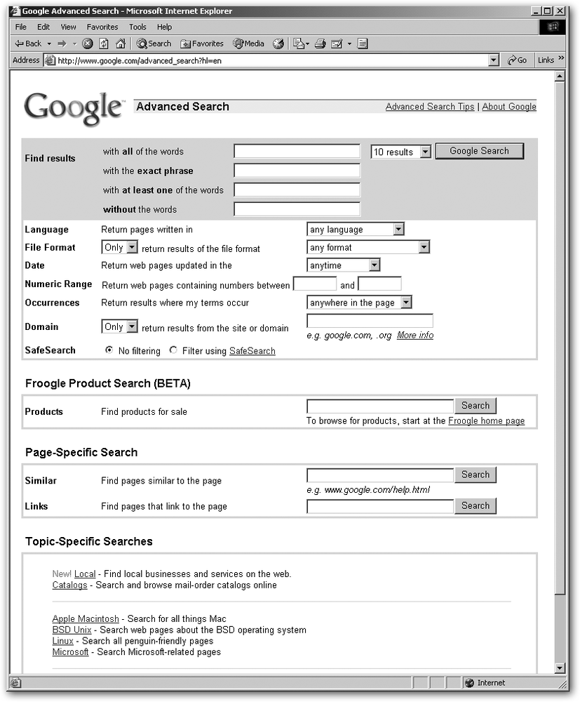 Google’s Advanced Search lets you take a piece of fine-grit sandpaper to your search results, brushing away superfluous results to leave you with just the ones you want. (If you’re familiar with database queries, this form probably looks familiar.)