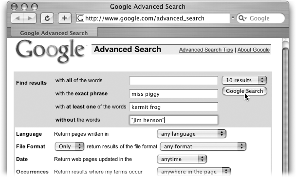 This search gives you results that include the phrase “Miss Piggy” and either the words “Kermit” or “frog” but not the phrase “Jim Henson.”