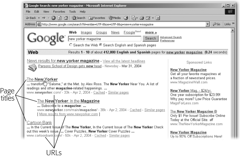 Titles and URLs usually say different things, though sometimes a URL is the title for a page. When you click a title, it takes you to the page for the URL listed.