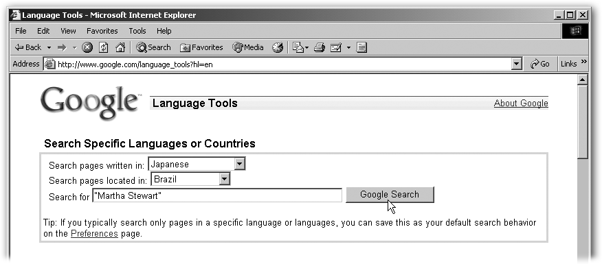 Use the menus to change either or both choices, type in your search terms, and then press Enter. When Google says, “pages located in,” it means a page whose URL specifies a country, like www.amazon.fr, Amazon’s site in France. You can find a list of URLs by country at the bottom of the Language Tools page (see the chart called “Visit Google’s Site in Your Local Domain”).