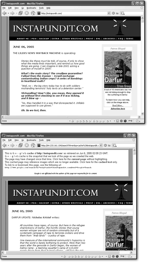 Top: Current InstaPundit.com page.Bottom: The result of the query cache:instapundit.com.