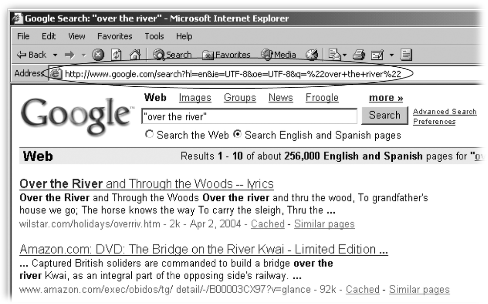 The “q” toward the end signals the query itself, in this case, “over the river”. And the %22 on either side of the terms is the URL version of double quotes. Two more chunks appear in every URL: codes for the language you’re surfing, and for the number of results you see per page. The rest of the stuff varies wildly, and can include information on the browser you’re using, the page where you initiated your search (perhaps you ran a Google search from Amazon.com), and some other stuff Google doesn’t reveal.