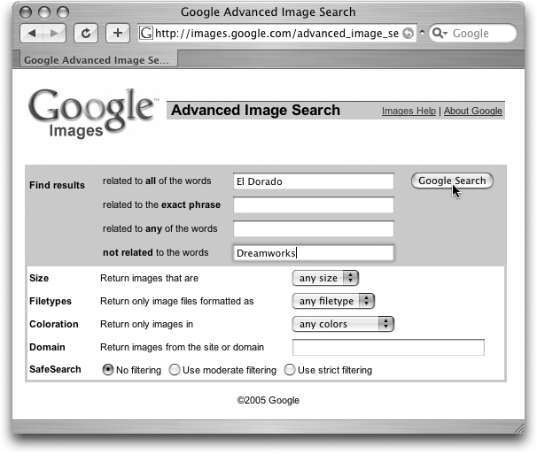 The Find Results section lets you fill in query words that are related to the picture you want to find. Because the Web has no standard technical system for labeling images, and because two different Web sites could legitimately call the same picture “car” and “Cadillac,” Google has to perform search jujitsu and look at the text near images to figure out which pictures might match your terms.