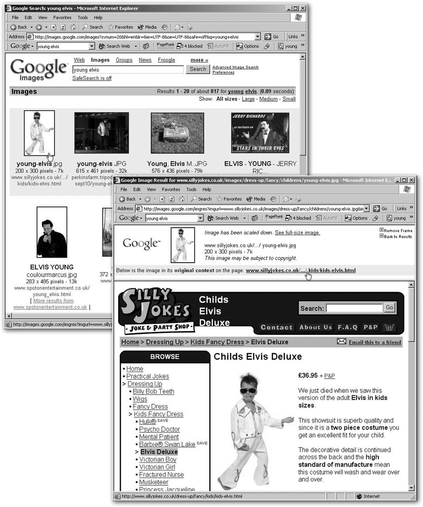 Top: Below each picture is its name and file type (JPG, GIF, or PNG), followed by its dimensions in pixels and its size in kilobytes. Under that is the URL for the page where Google found the picture. And if Google knows that a site contains more pictures that might match your keywords, it includes a link for “More results fromwww.whatever.com,” as you can see under the first image in the second row; click the link to get another page of results.Bottom: When you click a picture, Google shows you a page like this, which has your image isolated at the top, and below that, the page where Google found it. If you click the URL between the two parts of the page, or Remove Frame in the upper-right corner, Google displays the Web page alone. If you click the image or “See full-size image,” Google shows you the picture alone.