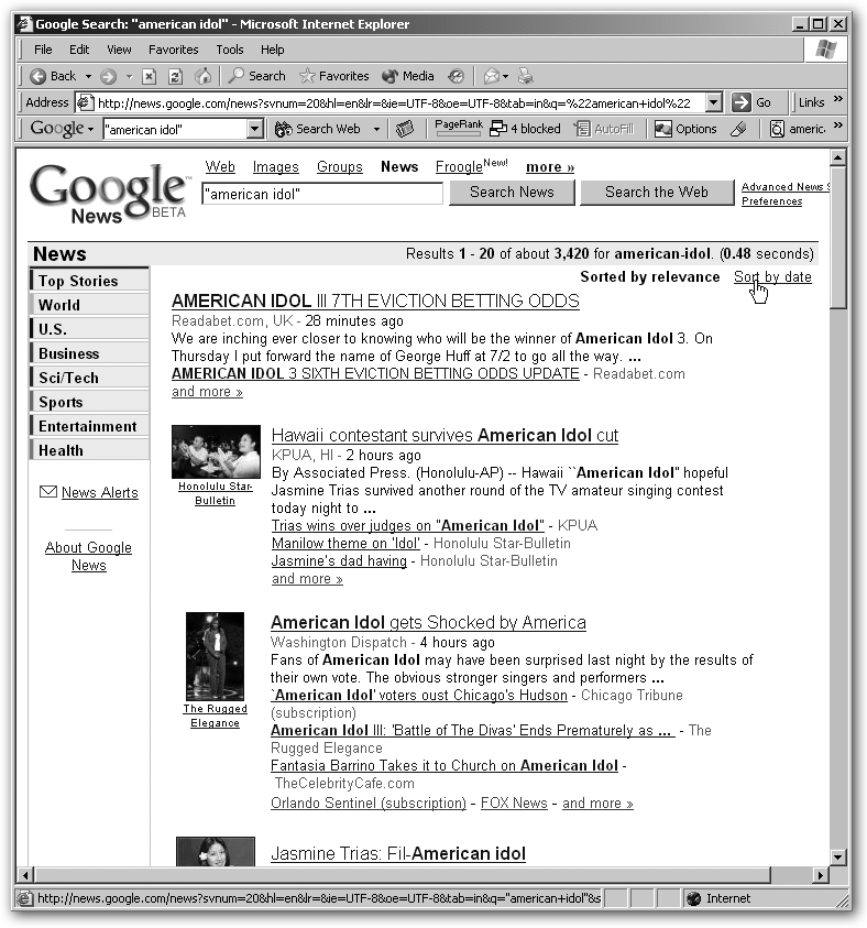 Google News is set to show you 30 listings on a page, sorted by relevance (as assessed by Google). You can also sort the results by date, which lets you track a story’s development. Simply click “Sort by date” toward the upper-right corner of the page, which reorders the stories from most recent to oldest. If you want to change the number of results on the page, move your cursor to the end of the URL in your address bar and type in: &num=50 (make that number however many listings you’d like to see). To read a full story, click its title.