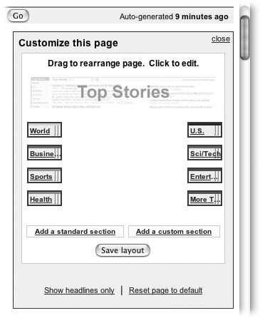 News page design is as easy as dragging the section boxes around the page. To fine-tune each section further, click the name for another palette of options.