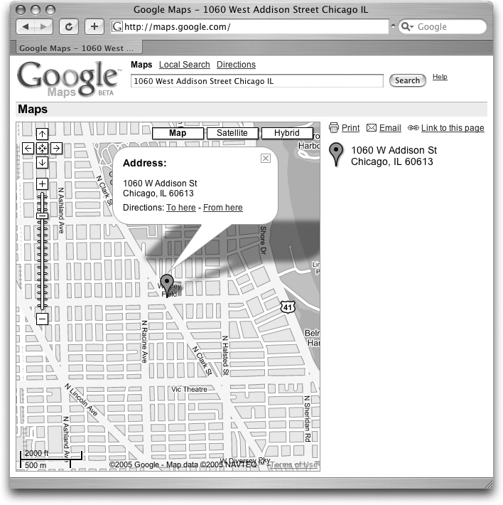 If you type in an address for just about any location in the country, Google Maps takes you there in a flash—and thoughtfully pinpoints your location. To close the balloon (so you can see what streets are behind it, for example), click the X in its upper-right corner.