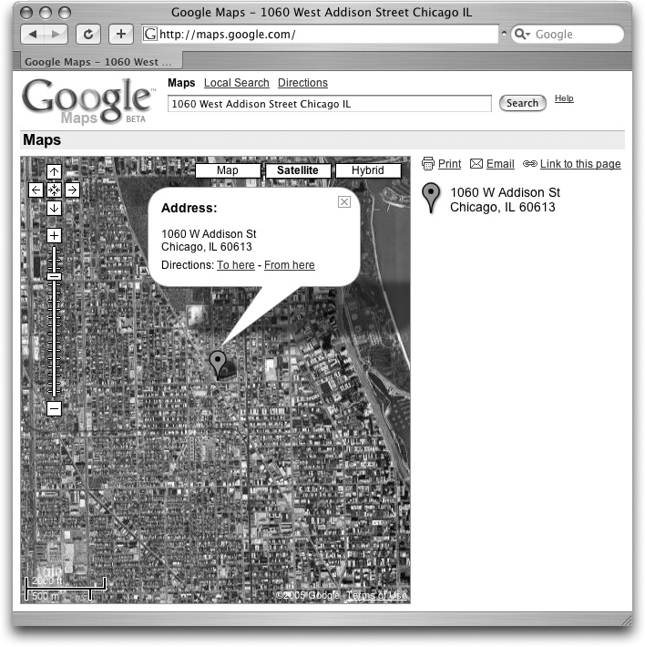 Click the Satellite link on your Google map to see a photograph from the sky. Google integrates the satellite images it acquired when it purchased a company called Keyhole in 2004. Two different satellite companies took the images at different times, though, so the photos’ resolution—and recentness—may vary.