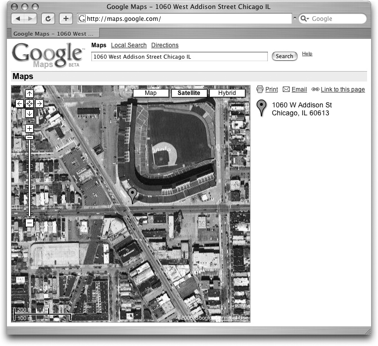 Look, it’s Wrigley Field! Zooming in gives you a bird’s-eye view of your location on the satellite map. It’s not a live image, but most photos were taken within the last year.