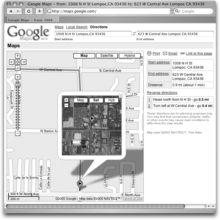 When you ask Google Maps for directions, you get an interactive diagram explaining each turn along the way and an estimated driving time. Click either the start thumbtack (the green one with an arrow on it) or the end thumbtack (the red one with a box on it) for a close-up of the corresponding location.