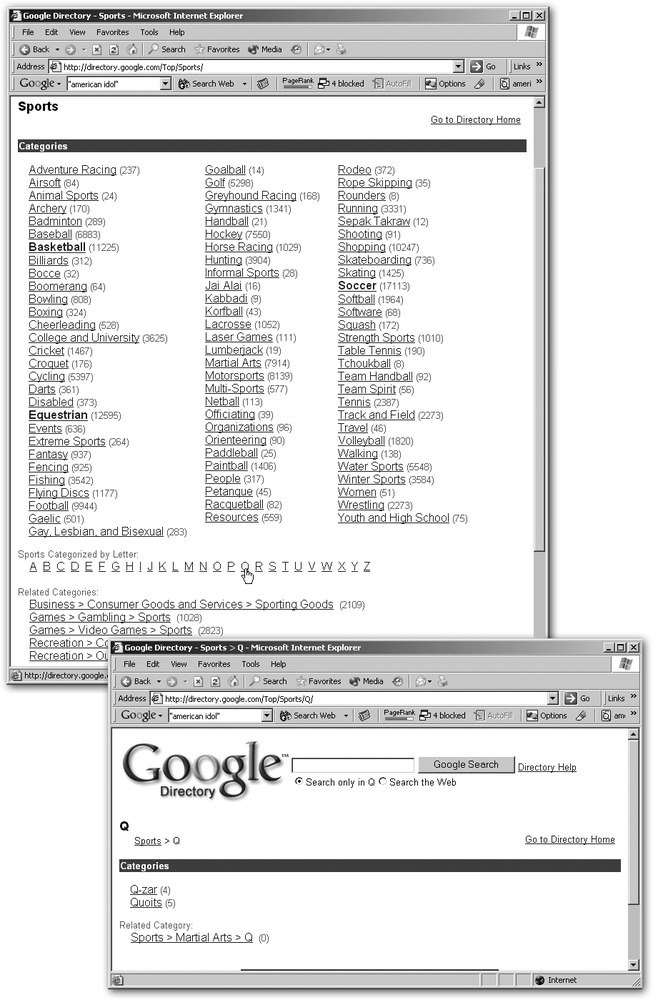 Top: In the list of categories, the number after each link tells you how many sites or subcategories the Directory lists under that subject. Below that, a list of Related Categories indicates that other Directory categories also include sites that cover the current topic. Click a link to jump to a different category.Bottom: If a category has too many subcategories to display at once, Google instead gives you a list of the alphabet; each letter links to subcategories starting with that letter. Here, the Sports category didn’t explicitly list any “Q” sports, but clicking the letter “Q” on that page brings you to this handy listing.