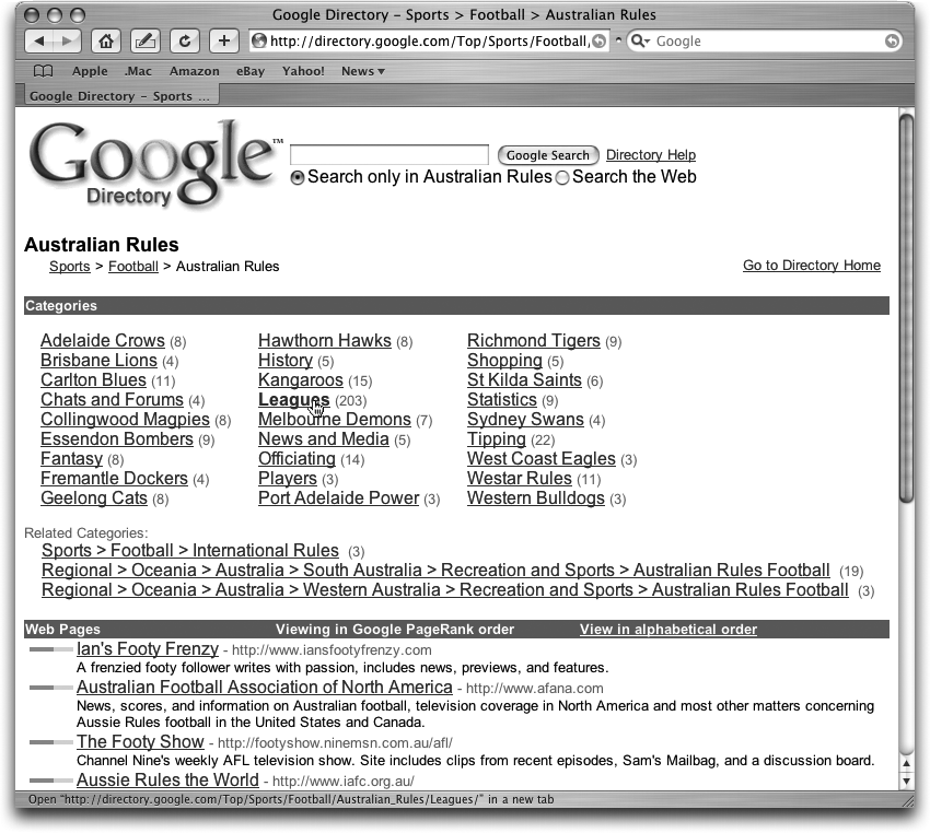 As you go deeper into the Directory, you get more Web pages and fewer subcategories. You can search within a category using the box at the top of the page. If the directory’s results aren’t what you’re looking for, you can also use the search box to access the regular Google search (choose “Search the Web”).