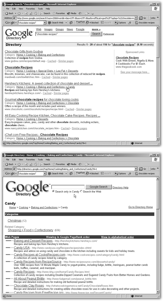 Top: You can type your keywords into the blank search box to get a results page that includes a category path in each listing. Here, a search for “chocolate recipes” shows that results can appear in several categories.Bottom: Click a category path to find yourself on a tidily arranged page offering recipes of many kinds. Now the search box at the top of the page lets you search within that category only.