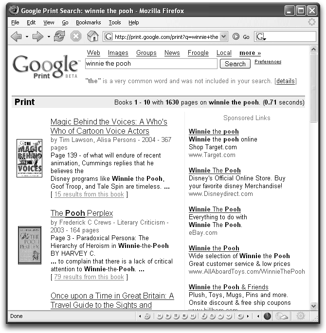 Don’t get confused—Google Print isn’t channeling Amazon.com here; it’s merely taking a spin through its database of digitized book excerpts in an attempt to match your keywords. As with most Google pages, there’s also a column of paid-advertising links off to the right side.