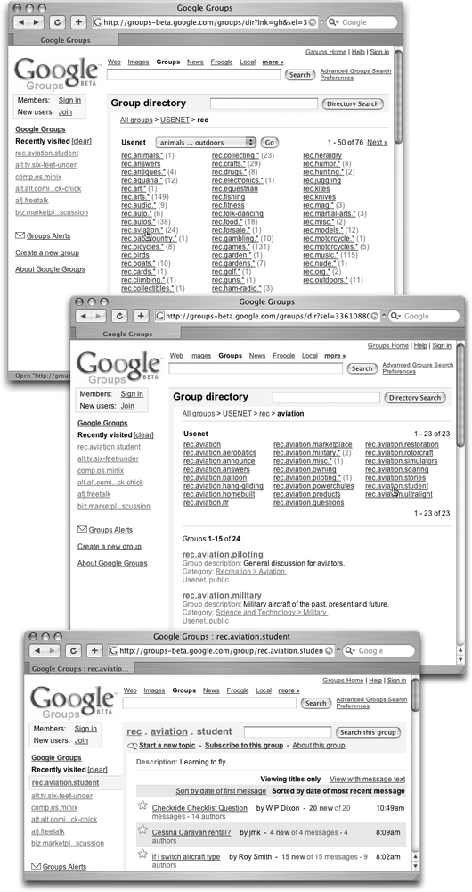 Top: When you opt to browse all of Usenet from the Google Groups home page, you can wander through the hierarchies until you find one that suits your fancy. If you’ve clicked on “rec.” on your Usenet travels, you wind up here—a complete, alphabetical listing of groups in the Rec hierarchy. You can see the rest of the list by clicking Next in the bottom-right corner. To dig deeper, click a group name.Middle: Clicking a group name brings you to the subgroup page. In this case, it’s all the subgroups under rec.aviation that explore a topic within aviation.Bottom: Clicking a sub-subgroup name takes you to a page that has nothing but threads (rec.aviation.student).