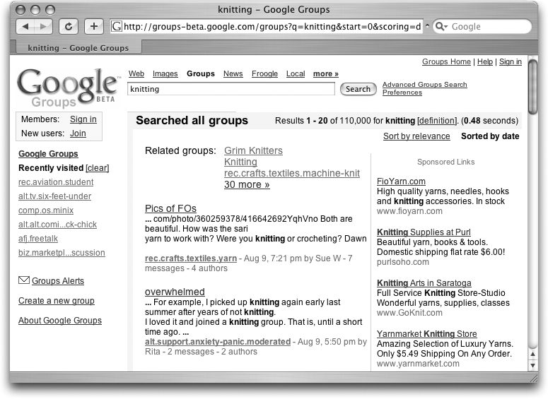 These messages are more recent than those in Figure 4-6, which Google sorted by its own estimate of relevance. Sorting by date also gives you new related groups at the top of the listings. To return to the relevance sorting, just click “Sort by relevance.”