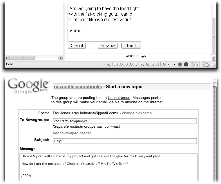 Top: If you’ve used any HTML code in your message to, say, bold some text or add color, the “Preview” button lets you see what it will look like when you post it live.Bottom: When you click the “Start a new topic” link on a group’s main page, you have a clean slate and a clear shot to get your very own thread spinning.