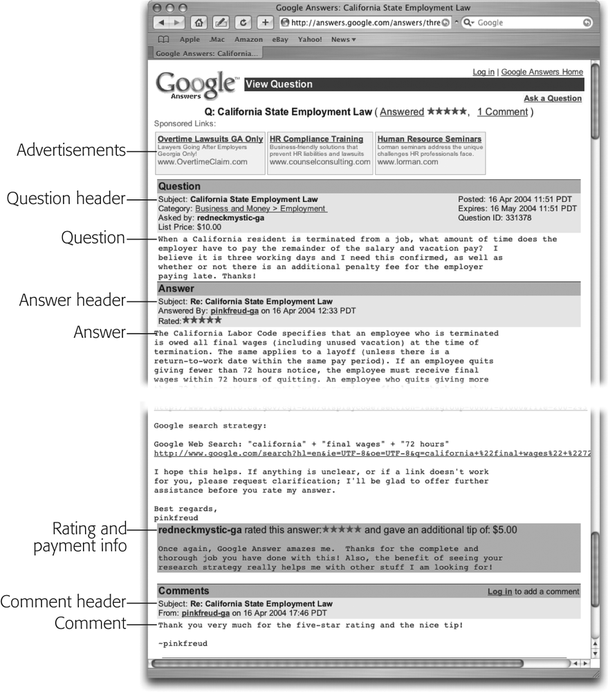 An answered question starts with a header supplying summary information about the post, including when it appeared (in Pacific Time) and its ID number (right side). Below that is the answer header, telling you who answered the question and when (in this case, about 45 minutes after somebody posted the question). The actual answer includes explanations, links to related resources, and, toward the bottom, the researcher’s search strategy. The lavender bar below that shows you how the asker rated the answer (five stars is best), whether he paid a tip (tips are optional, but outstanding answers often provoke generosity), and usually a note of thanks. At the bottom of the page are comments, which anyone can post and which sometimes include additional information.