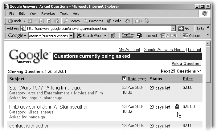 The list of recent questions looks like most Google Answers results, but here you often see little locks on the right side of the page. A lock icon tells you that a researcher is currently working on a question—which is how Google prevents more than one person from answering it.