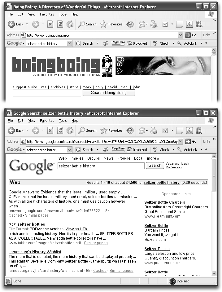 Top: The Google toolbar lets you run a Google search no matter where you are on the Web (here, a page on BoingBoing.net).Bottom: The toolbar results display exactly the way they would if you ran the same search from the Google home page.