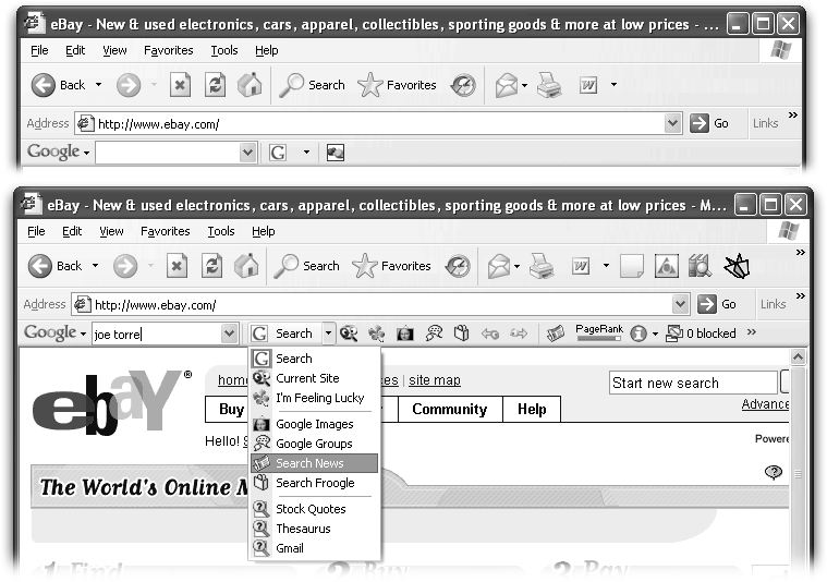 Top: To get the toolbar down to this sleek profile, open the Toolbar Options dialog box (click the Options button), and on the Options and More tabs, turn off all the buttons listed.Bottom: Toolbar with everything, hold the fries.