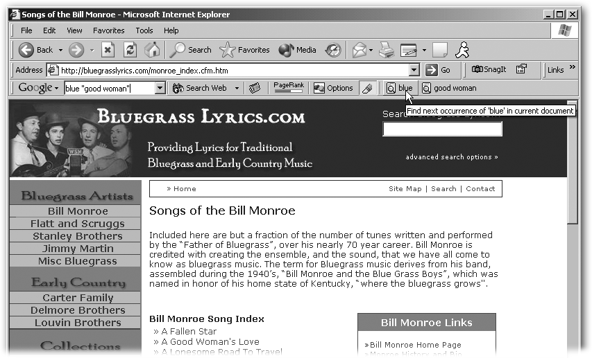 The word-find buttons appear at the right end of the toolbar. Individual words get their own buttons, but if you want to search for two or more words together, like blue moon, put quotes around them.