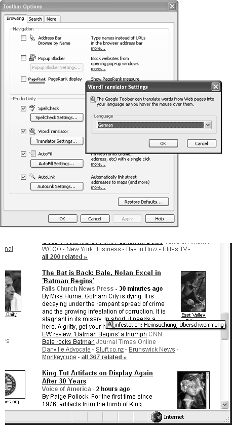 Top: Click the Options button on the Toolbar to open up the Options box. To select a language to use with WordTranslator, turn on the WordTranslator checkbox and click the Translator Settings button so you can pick a language from the drop-down menu.Bottom: With WordTranslator running as you browse, just pause your cursor over a word on a Web page to see it translated into your chosen language.