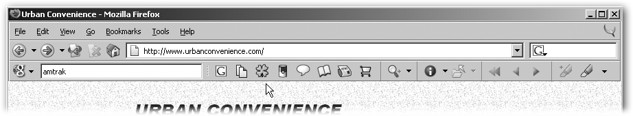 The Googlebar is shown here in Firefox, though it is also available for Mozilla and Netscape. This picture shows a customized array of buttons. To choose which buttons appear on the Googlebar, right-click anywhere along it to bring up a menu of options.