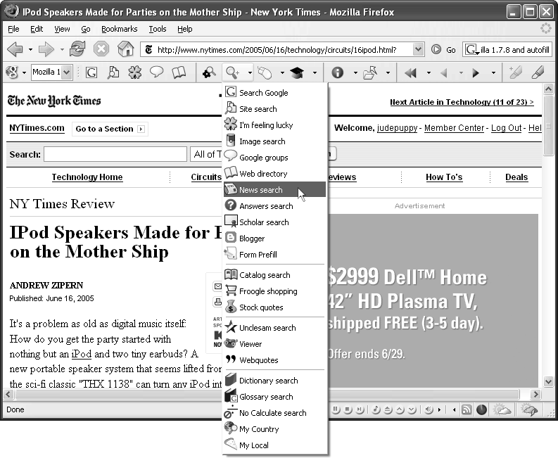 If you don’t run special searches very often, you can turn off nearly all the buttons and still keep a tidy menu of them on the Googlebar for the occasional oddball search. The button for the menu looks like a magnifying glass. If you don’t see it, right-click the Googlebar to open the contextual menu, then choose Special searches → Combined menu.