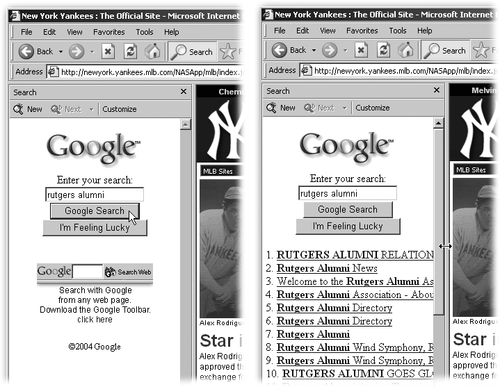 Left: The sidebar is a separate pane within your browser that lets you run Google searches without leaving the page you’re on.Right: Here, the results of the search appear in the sidebar only. You can also arrange it so that the results show up in the main window—which means you also get the full Google info for each page in the list. To clear the search box and results, click New in the sidebar (above the Google logo).