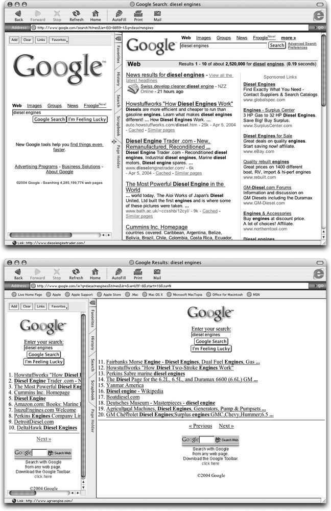 Top: If you’re holding the Google home page, you’ll notice right away that it doesn’t fit in the sidebar. You can, however, widen the sidebar. Mouse over the line just to the left of the sidebar tabs, until the cursor becomes a double-headed arrow. Then drag the line as far right as you want.Bottom: You can do the same trick if you’re holding the special Google search pane, but it fits reasonably in a narrower pane, too.