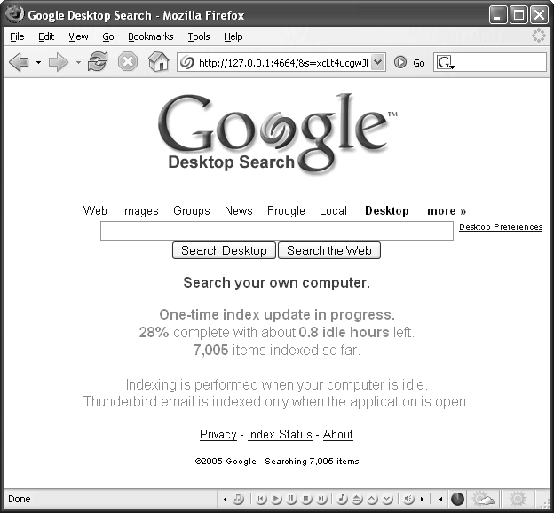 After you first install the program, Google Desktop Search takes time to get to know your hard drive by making a record of its contents during the indexing procedure. The first indexing session is by far the slowest.