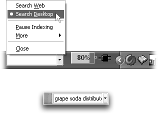 Top: You can search your desktop (or the Web itself) from one of two convenient locations. If you like the grounded feeling of the taskbar, leave the Desktop Search box down where you can find it. Click the black triangle to see the menu of options. You can switch to a floating deskbar under the More menu.Bottom: If you choose the floating desktop search bar, you can search your desktop or the Web from the wee window that floats about your open programs.