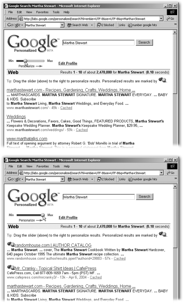 Top: When you run a search in Google Personalized, it first displays the same results you’d see by running a regular Google search. But in the upper-left corner of the screen, if you drag the slider to the right, Google brings to the top of the list any results that match your topics of interest.Bottom: Here, the topic Publishing & Printing brought up the top two listings. You can tell which results are personalized because Google marks them with three colored balls.