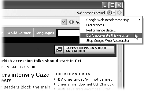 With Google Web Accelerator installed, your browser gets a counter showing how much time you’ve saved since you hit the Accelerator (or hit the reset button). Click the speedometer icon to pull up the menu of Web Accelerator preferences and options.