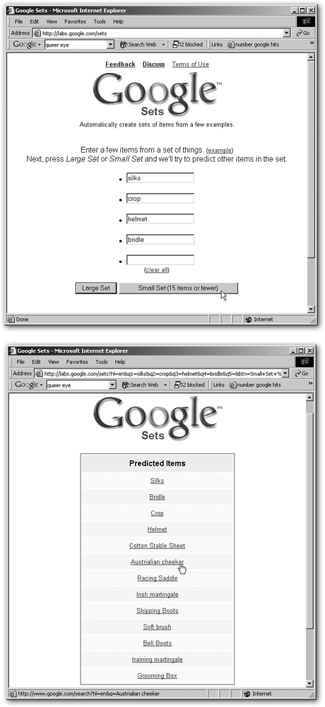 Top: Type in anywhere from one to five terms. The more you give Google, the more focused your results.Bottom: If you click one of the predicted results, Google runs a regular search for that term.