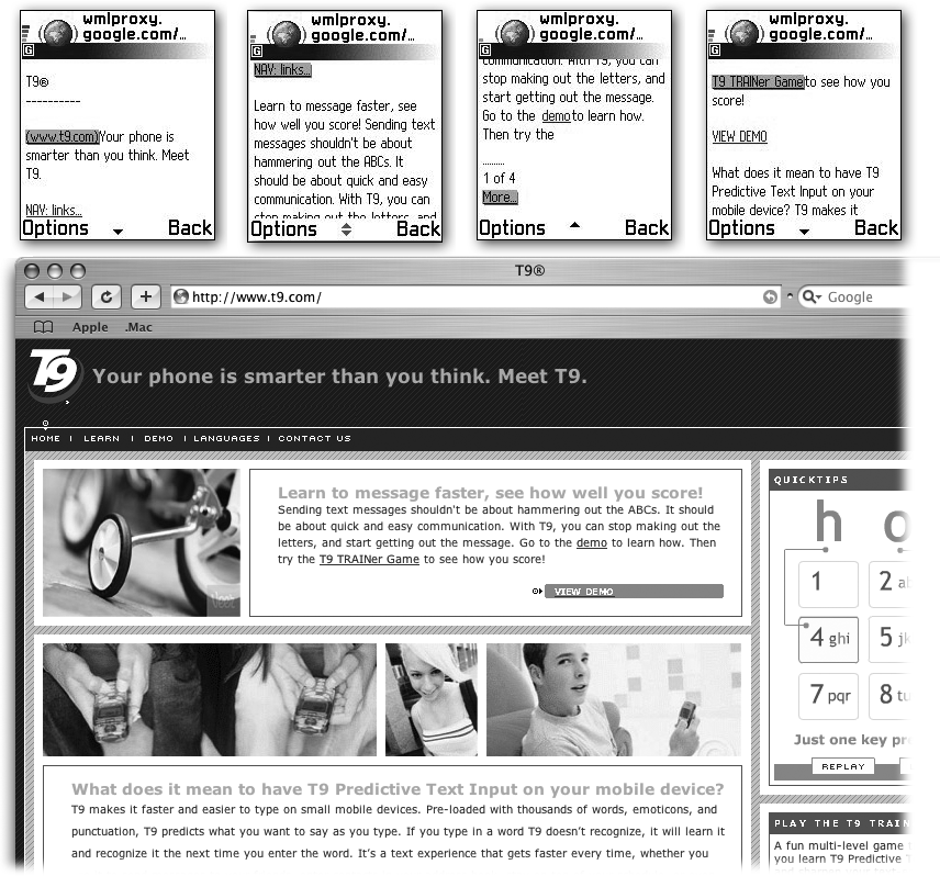 Top: Your standard Web page usually seems boring when you look at it through the lens of the Google proxy.Bottom: The same page (www.t9.com) on a regular PC browser. More fun, but not necessarily a lot more functional.