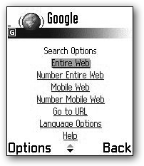 Follow the Search Options link on the Google mobile home page to reach this menu of alternate ways to interact with the Google search engine.