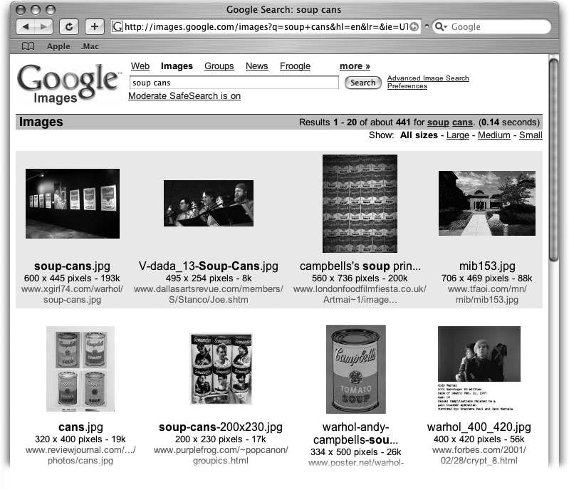 An image search for soup cans. Most of these pictures have alt tags, which are the names that identify the images as something to do with soup cans or Andy Warhol. But on the top row, the rightmost picture has no alt tag, and it doesn’t appear to contain any soup cans. In fact, it’s a picture of a museum that once had an exhibit called “From Soup Cans to Nuts: Prints by Andy Warhol.” Google found that reference near the photo of the museum and assumed that’s what the picture showed.