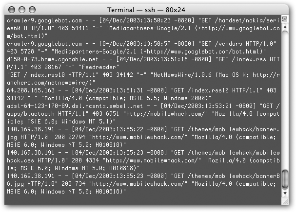 Here’s a piece of a raw server log from Mobilewhack.com. The first two requests are from the Googlebot, which is looking for access to the site’s sections on Nokia’s series 60 phones and vendors. The rest of the requests are from other entities on the Web (things like browsers and other search engines’ bots).