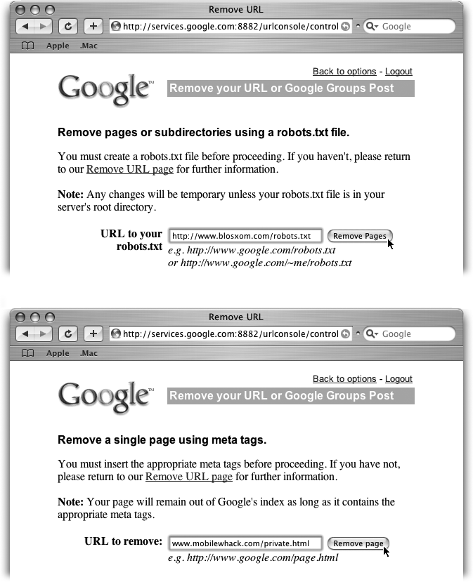 Top: To remove a set of pages, directories, or images, supply the URL to the robots.txt file where you’ve specified the rules you want Google to follow.Bottom: To remove a particular page into which you’ve embedded your preferred robots meta tag rules, supply that page’s URL.