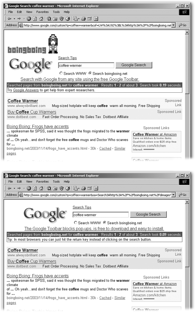 A branded results page (top) doesn’t look all that different from the unbranded version (bottom), but having your logo appear does at least remind your visitors—who are now at Google.com—where they were just before their search.