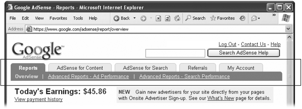 The AdSense page is divided into several tabs. Initially, you begin at the Reports tab, where you can survey a day-by-day breakdown of the money you’ve made.