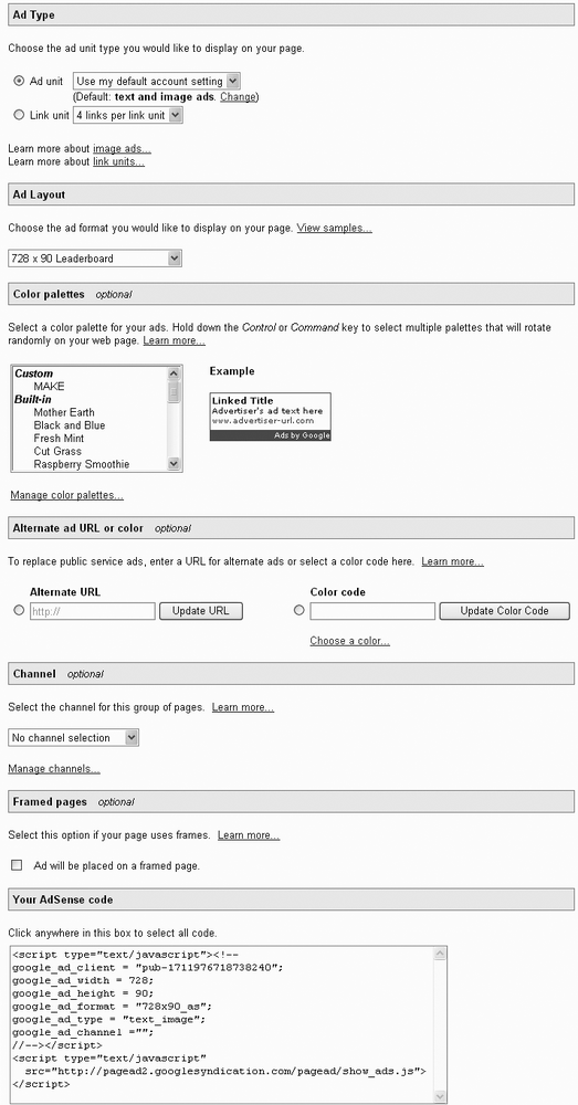 As you make changes to the various settings, Google automatically adjusts the code in the window at the bottom of the screen. When you’re done choosing options, you have some nifty, customized code that you can paste right into your Web pages.