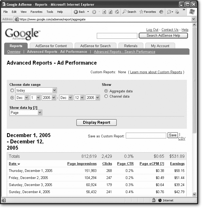 The basic Performance report provides some valuable data (which Google normally updates hourly) on how many people are seeing your pages and clicking through the ads. From left to right, the report shows the date, number of impressions (how many times the ads have been displayed by a browser somewhere), how many times your visitors have clicked the ads, the click-through rate (clicks divided by page impressions, multiplied by 100 to give you a percentage), the cost-per-1000 impressions (the value you’d expect if your ads were served 1000 times based on the click-through rate you’re receiving now), and your earnings (for the current day, the earnings may be partial). If you added channels to your pages (Section 9.1.3), use the “Channel data” menu to get a similar report showing how your separate channels are faring.