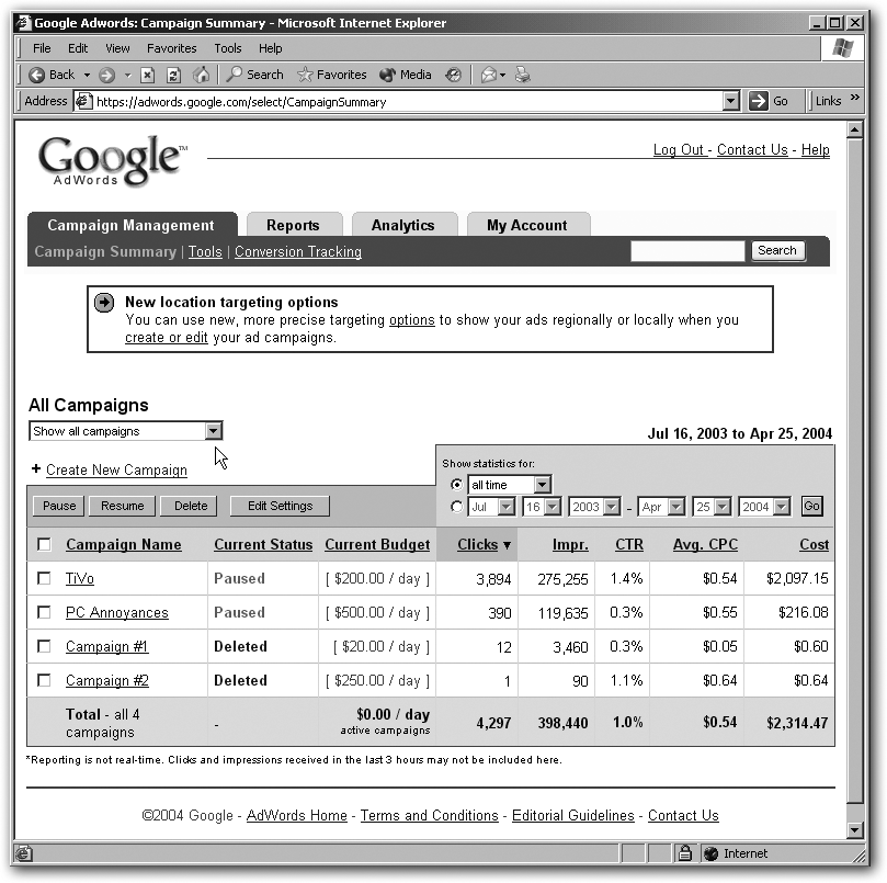 The grid columns are self-explanatory, except the cost, which is the cost to you so far. At the very bottom of the chart are totals for all your campaigns. To sort the information by clicks, cost, or any other column, click the blue column heading. You can adjust the chart to show you just a set of campaigns (use the menu in the top-left corner), or you can pick a different time period to review (in the middle, under “Show statistics for,” choose a date range, and then click Go to update the display), which is useful when, for example, you want to find out whether your click-throughs are seasonal.