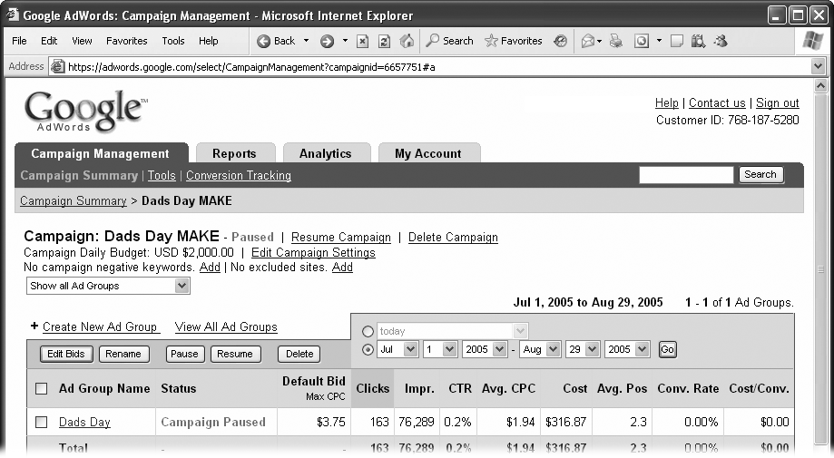 The Ad Groups report looks just like the Campaign Summary, but it shows you statistics for your individual Ad Groups and lets you perform actions on them.