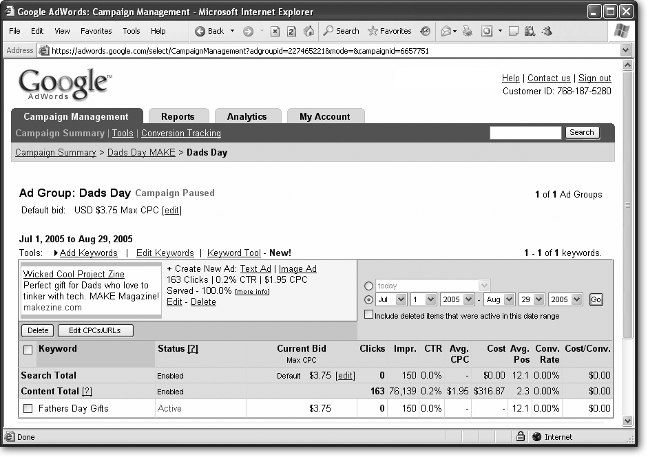 This page is where you manage the keywords associated with an Ad Group. The lines at the top, Search Total and Content Total, tell you the difference between people who see your ads in Google results and people who see them on other sites via AdSense, respectively. Below that is a breakdown of how each of your keywords is performing.