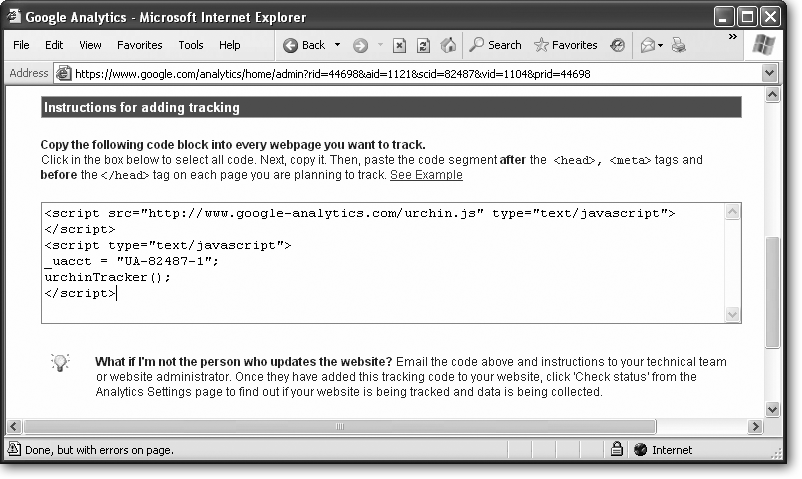 The Google Analytics code is lean and concise, requiring just six lines. Select it all and copy it to the clipboard. (You can do this in most browsers by right-clicking the selected text and choosing Copy.)